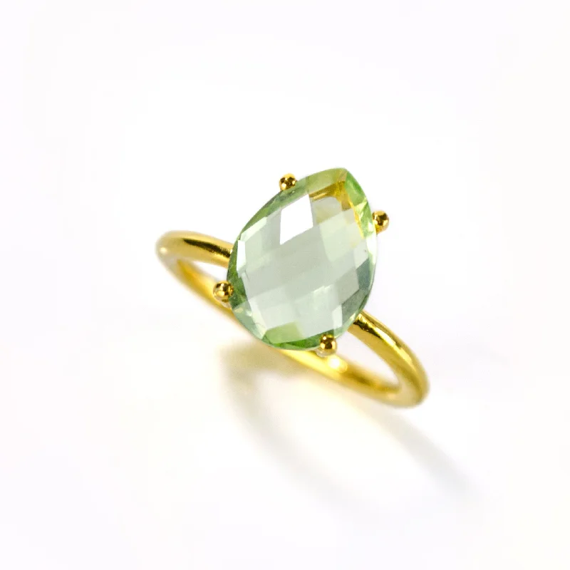 Prasiolite Green Amethyst Teardrop Prong Set Ring • February Birthstone