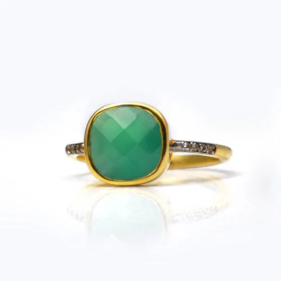 Green Onyx Pave Cushion Ring - May Birthstone