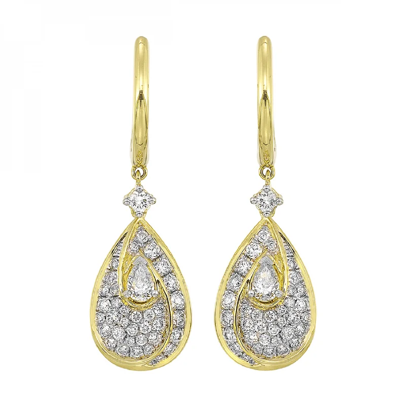 Pear Shaped 14k Yellow Gold Diamond Drop Earrings, 1.10 ctw