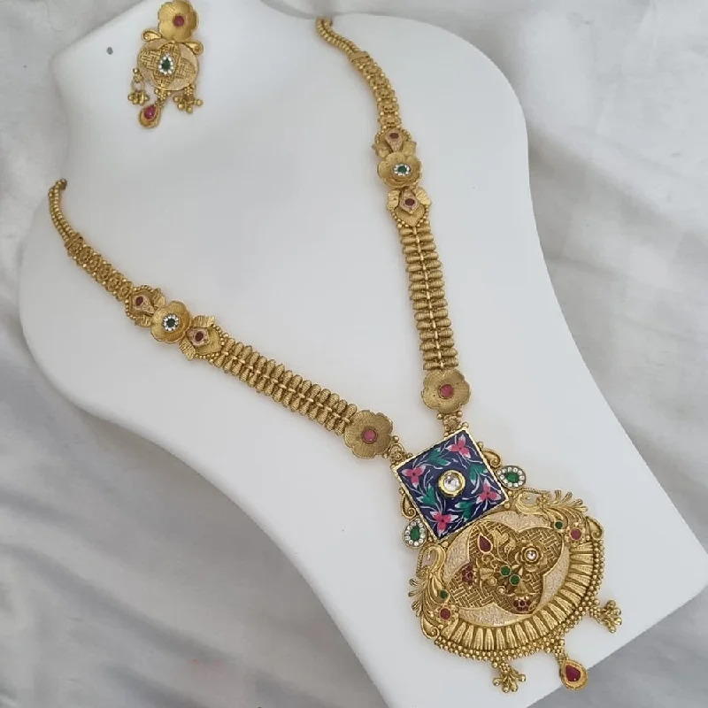 Lucentarts Jewellery Gold Plated Pota Stone And Meenakari Long Necklace Set