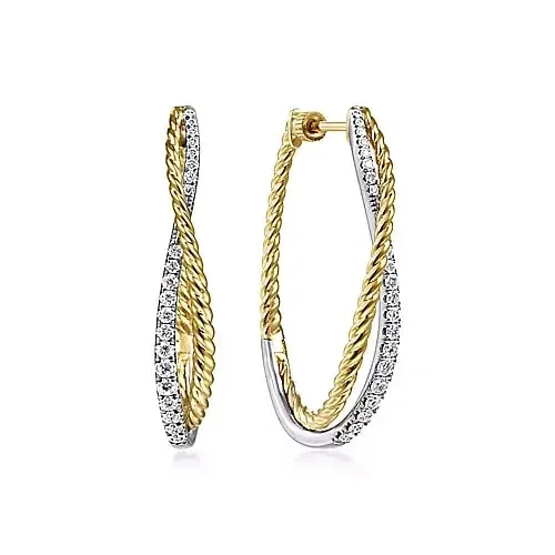 Twisted 35mm Diamond Hoop Earrings in Yellow and White Gold, 0.62 cttw