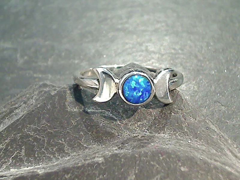 Size 8.5 Lab Created Opal, Sterling Silver Moons Ring