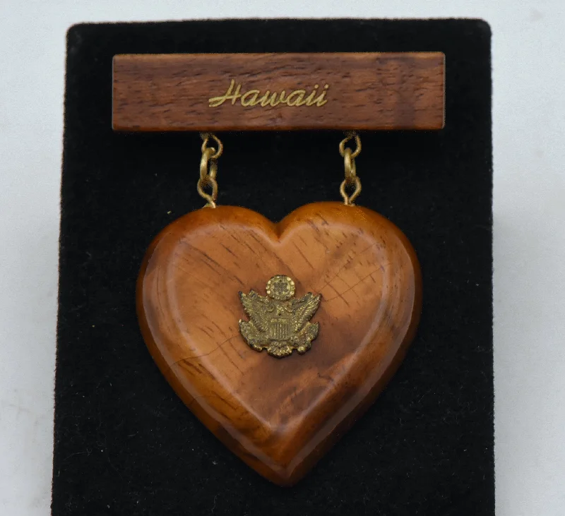 Vintage Wooden Hawaii US Army Heart Brooch